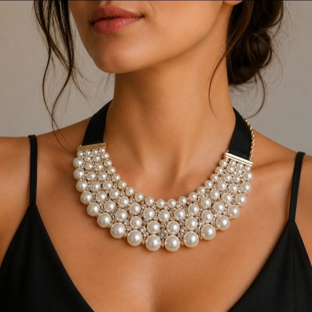 Pearl & Crystal Statement Collar Necklace - Black Ribbon